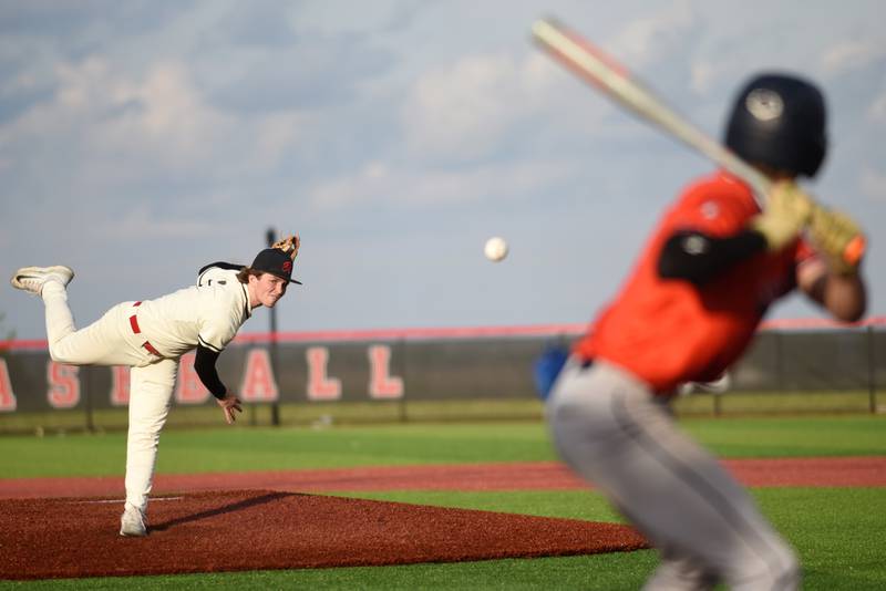 Bradley-Bourbonnais' Andrew Kubal throws a pitch to a Stagg batter during a game at Bradley-Bourbonnais Friday, May 8, 2026.