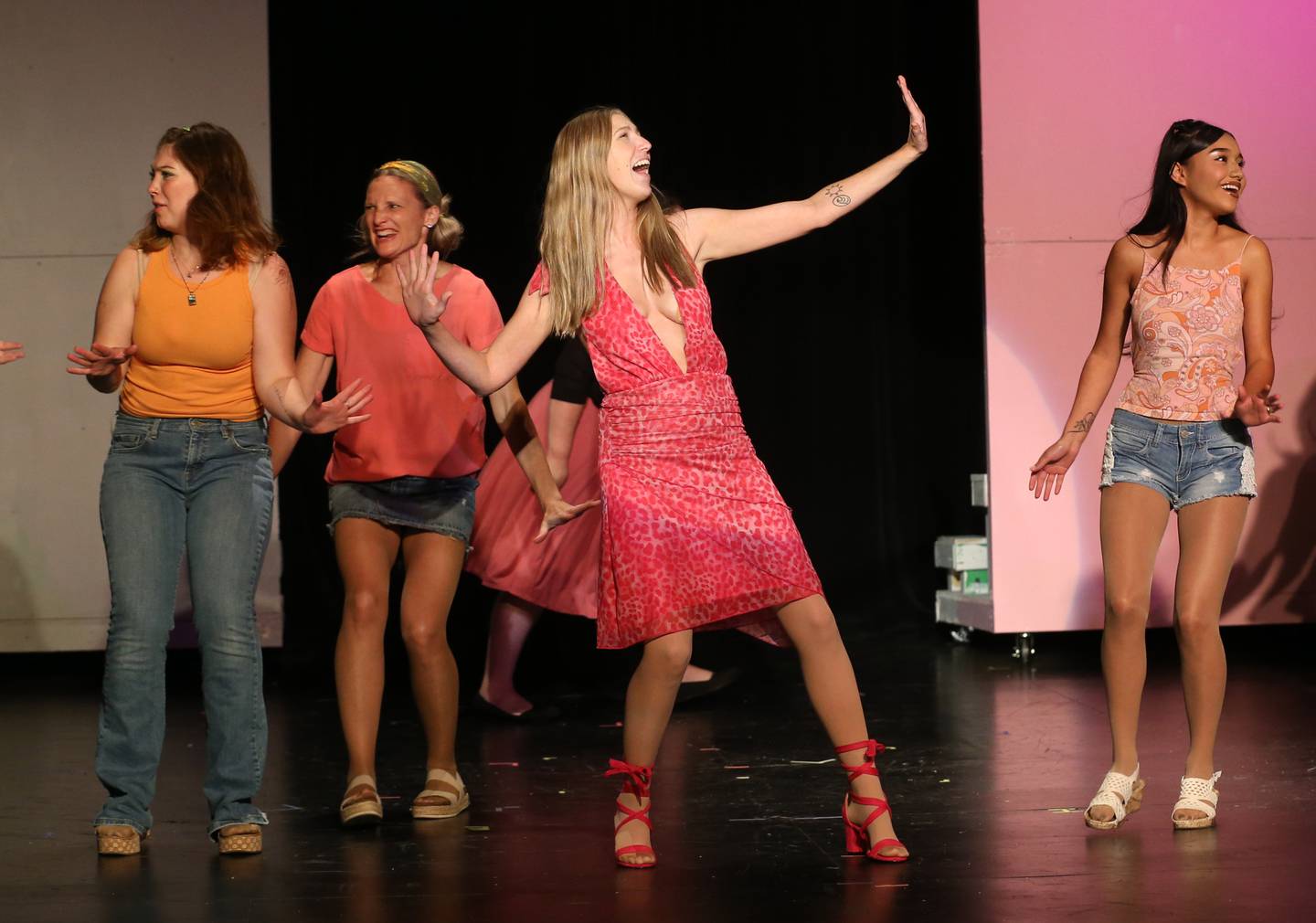 The cast of Legally Blonde act out a scene during a rehearsal on Tuesday, July 1, 2025 at Stage 212 in La Salle.