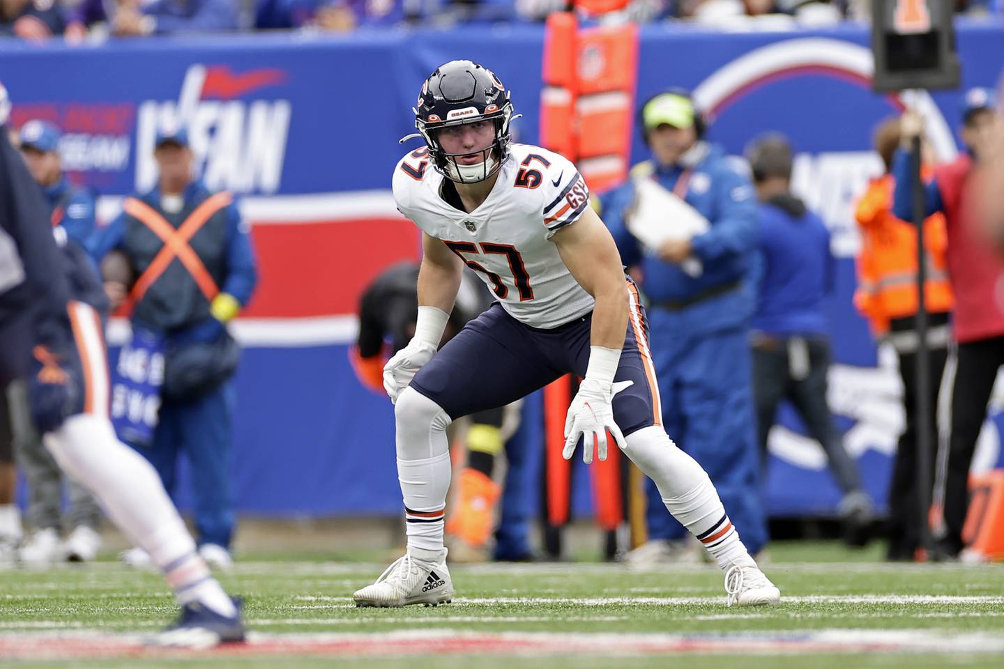 Chicago Bears linebacker Jack Sanborn defends against the New York Giants, Sunday, Oct. 2, 2022, in East Rutherford, N.J.