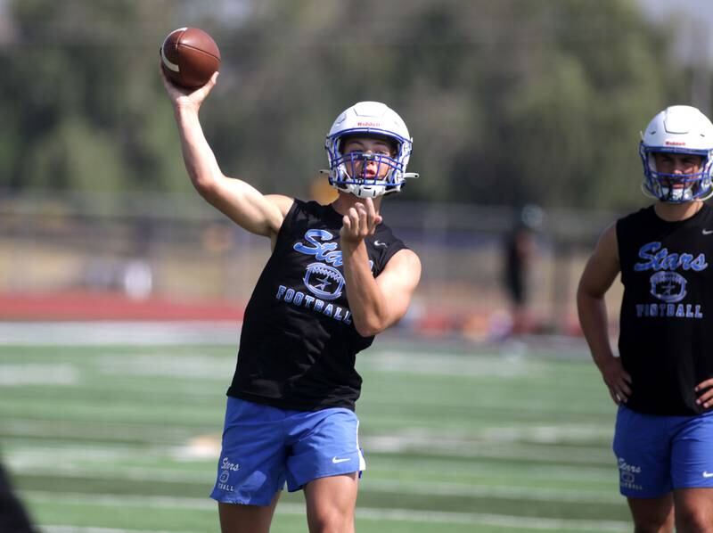 St. Charles North quarterback Matthew Plumb throws the ball during a 7-on-7 football game against Yorkville at St. Charles North on Thursday, June 22, 2023.