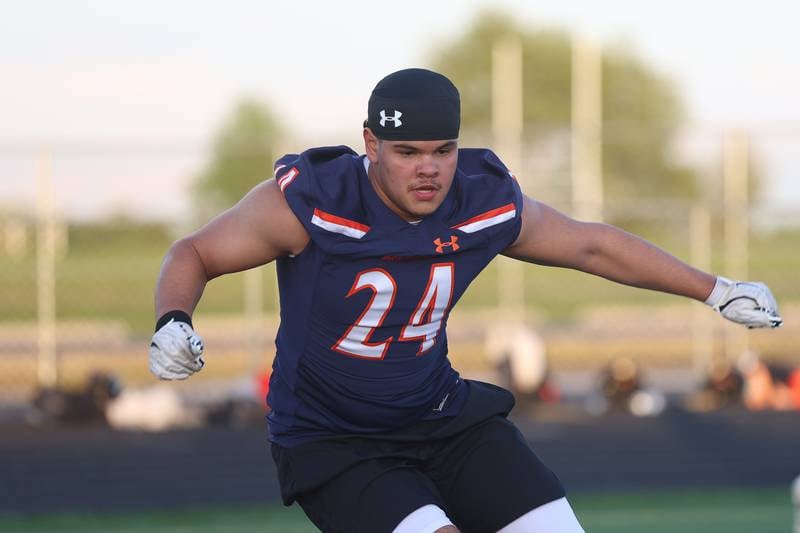 Oswego’s Davi Correa runs a cone drill at the IHSA Southwest Suburb Showcase combine on Thursday, May 7, 2026 at Plainfield North High School.