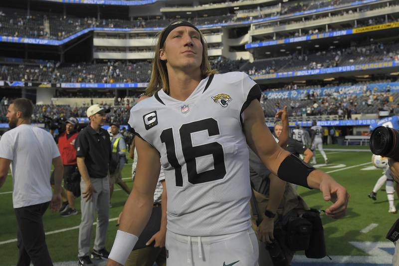 Jacksonville Jaguars quarterback Trevor Lawrence (16) after an NFL football game against the Los Angeles Chargers in Inglewood, Calif., Sunday, Sept. 25, 2022. (AP Photo/Mark J. Terrill)
