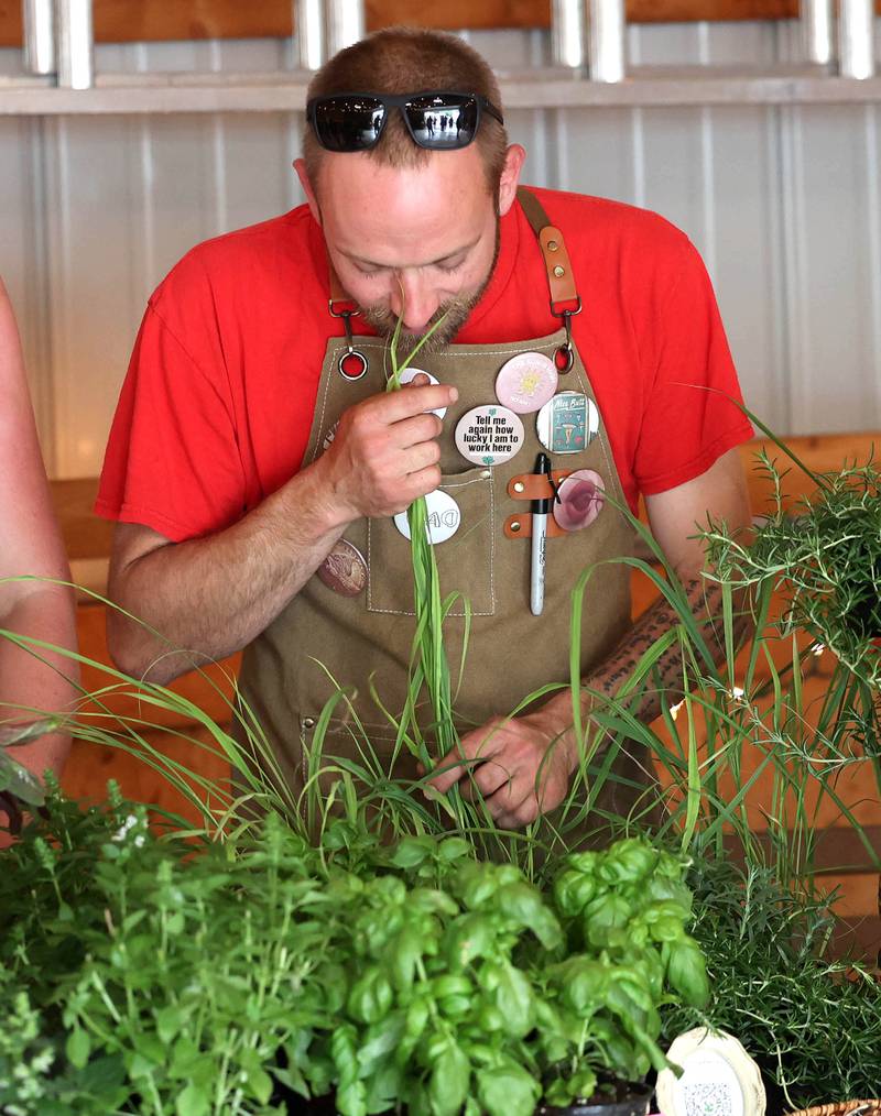 Klint Mathey, from Sycamore, smells some of the lemon grass available at their Stoney Willows booth Tuesday, June 3, 2025, during the the Sycamore Farmers Market, hosted by Kar-Fre Flowers and Gifts. The market will be held Tuesdays from 3-6 p.m. through August 26 at Kar-Fre Flowers. Some of the market was held indoors due to the weather.