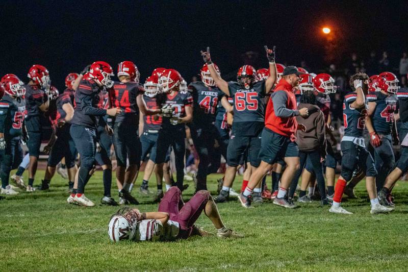 Moline’s Grant Sibley (5) lays on the ground after a season ending loss to Yorkville in quadruple overtime during a 7A second round playoff game at Yorkville High School on Friday, Nov 4, 2022.