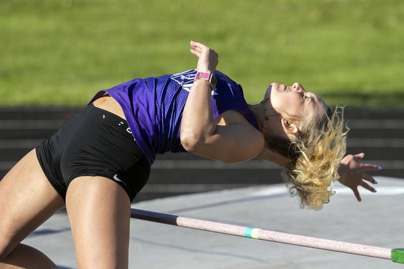 Dixon’s Emma Olson clears the bar in the high jump Thursday, May 8, 2025, during the girls Big Northern Conference track meet.