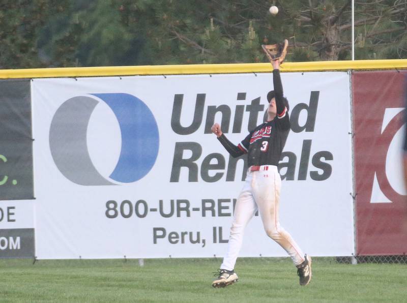 Henry-Senachwine's Ben Meachum makes a catch in right field during the Class 1A Sectional semifinal game on Wednesday, May 28, 2025 at Schwieckert Stadium in Peru.