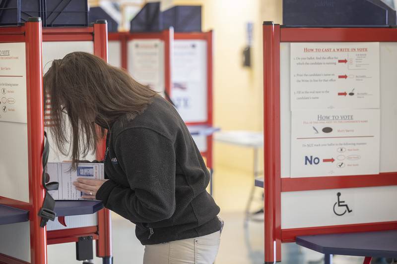 Abbi Gray casts a ballot Tuesday, April 1, 2025, at the mall in Sterling.