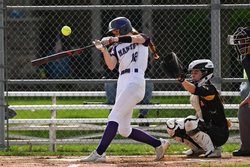 Manteno's Savanna Watkins hits the ball during the Panthers' 4-1 victory against Herscher on Monday, May 5, 2025.