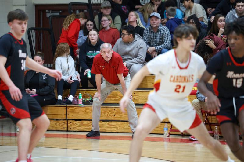 St. Anne head coach Rick Schoon watches a play during St. Anne's 64-43 victory over Momence in the River Valley Conference semifinals on Tuesday, Feb. 10, 2026. The win tallied Schoon's 500th career coaching victory.