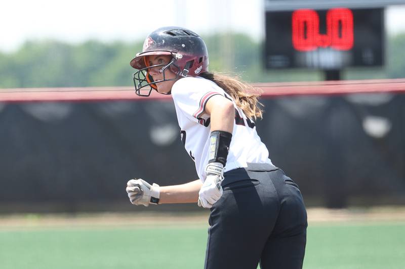 Antioch’s Grace Green leads off at first against Lemont in the Class 3A state championship game on Saturday, June 10, 2023 in Peoria.