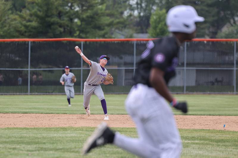 Wilmington's Lucas Rink throws to first base for an out during the Wildcats 7-2 victory over Chicago Christian in the IHSA Class 2A Beecher Sectional semifinal on Thursday, May 29, 2025.