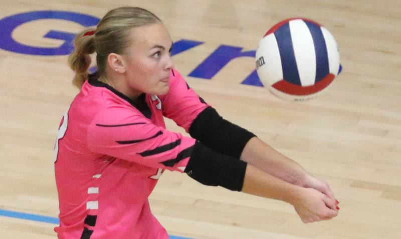 Serena's Brynley Glade returns a serve from Marquette on Wednesday, Oct. 22, 2025 in Bader Gymnasium at Marquette High School.