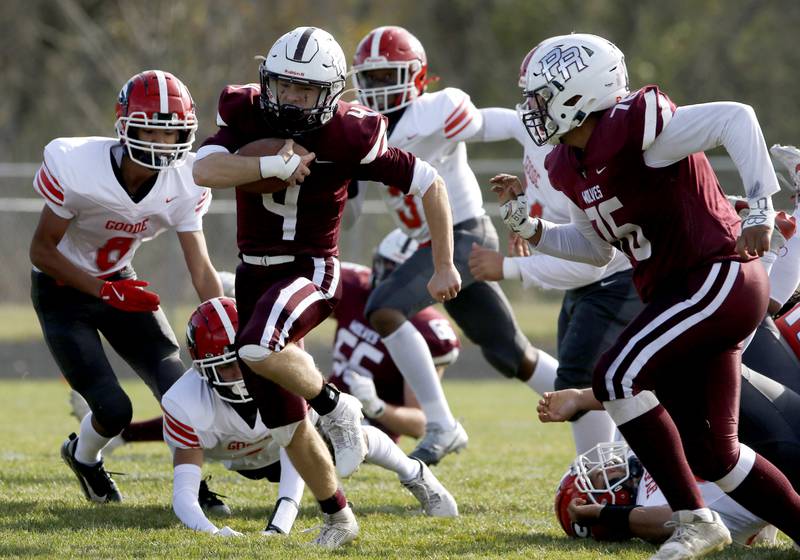 Prairie Ridge's Jack Finn runs through the Chicago Goode defense to score the his first touchdown during an IHSA Class 5A first-round football game on Saturday, Nov. 2, 2024, at Prairie Ridge High School in Crystal Lake.