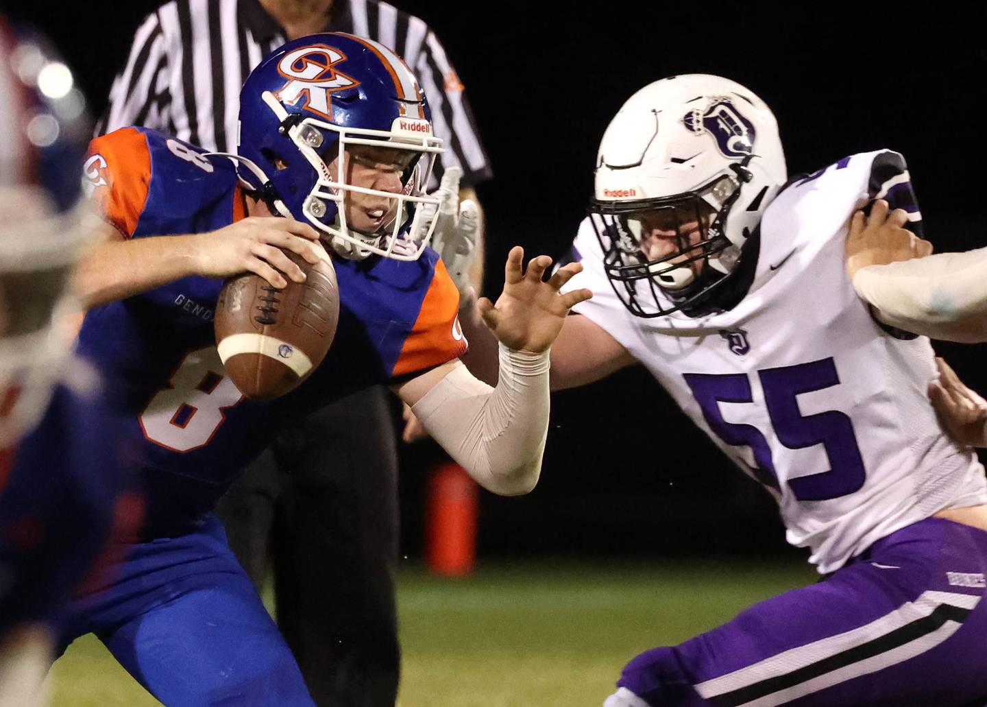 Genoa-Kingston's Nathan Kleba is pressured by Dixon’s Isaac Goldman during their game Friday, Sept. 20, 2024, at Genoa-Kingston High School.