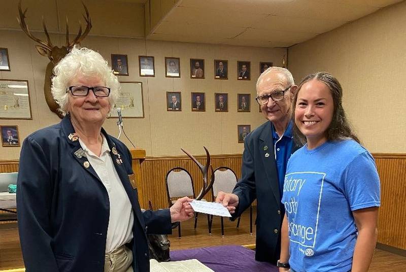 Rotary Club member Sabrina Gaeta (right) is shown Aug. 19, 2025, receiving a $1,300 check from Elks Leading Knight Lynne Schlink (left) and grant coordinator Ken Ficek.