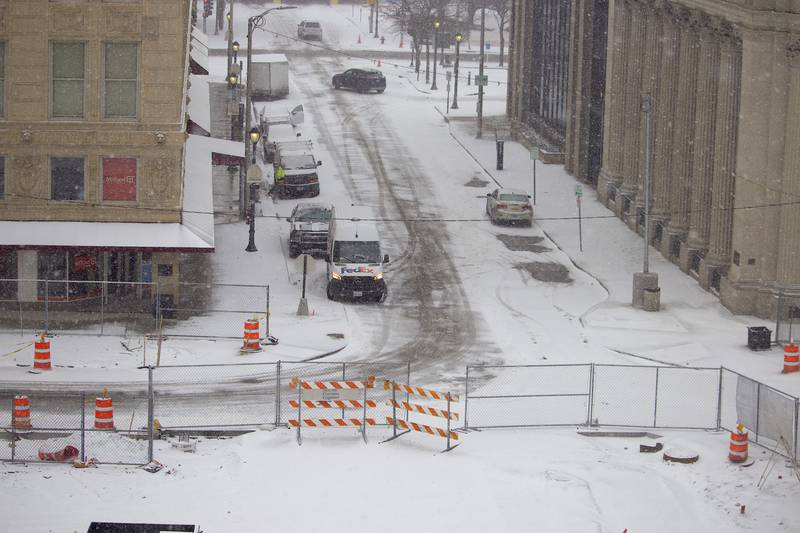 Snow-covered Chicago Street in downtown Joliet on Wednesday, Feb. 12, 2025.
