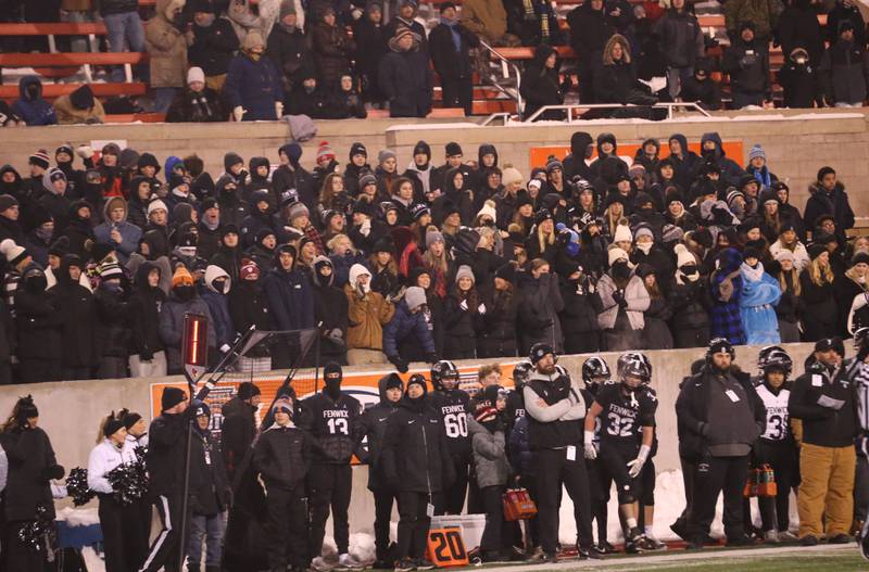 Fenwick fans cheer during the Class 6A State championship game on Tuesday, Dec. 2, 2025 in Hancock Stadium at Illinois State University in Normal.