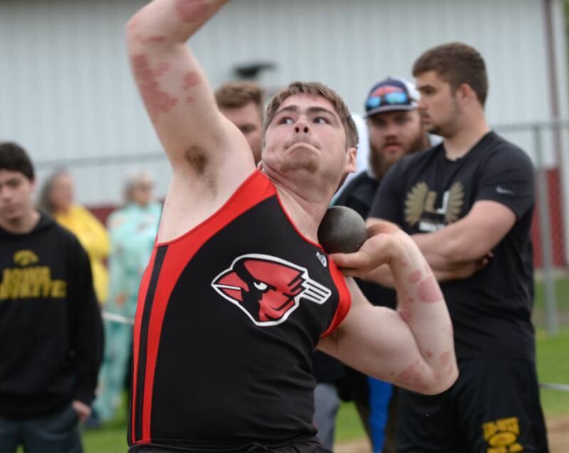 Forreston's Jakob Kobler throws the shot at the Hawk Classic on Friday, May 2, 2025 at the Landers-Loomis Field in Oregon.