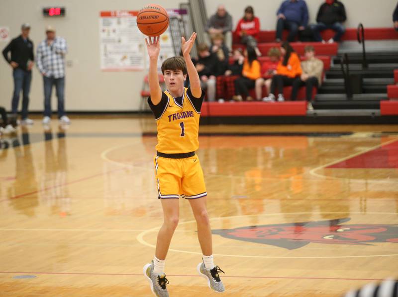 Mendota's Cale Strouss shoots a wide-open jump shot over Rock Falls during the 49th annual Colmone Classic on Friday, Dec. 8, 2023 at Hall High School.