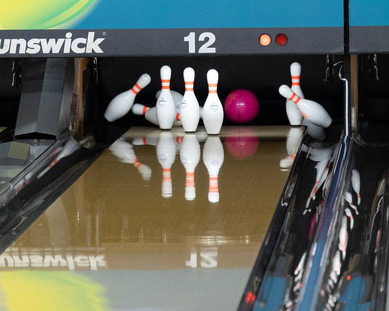 Bowling ball knocks down pins at the L-P Cavalier Classic on Saturday, December 20, 2025 at Super Bowl in Peru.