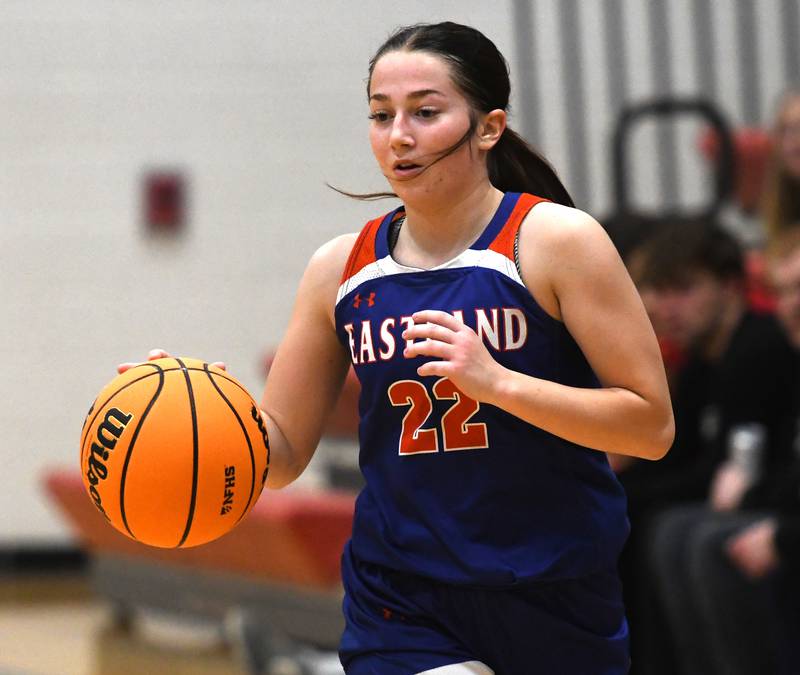 Eastland's Sienna Peterson (22) brings the ball up the court against Stockton at the Forreston High School Girls Basketball Thanksgiving Tournament on Friday, Nov. 21, 2025.
