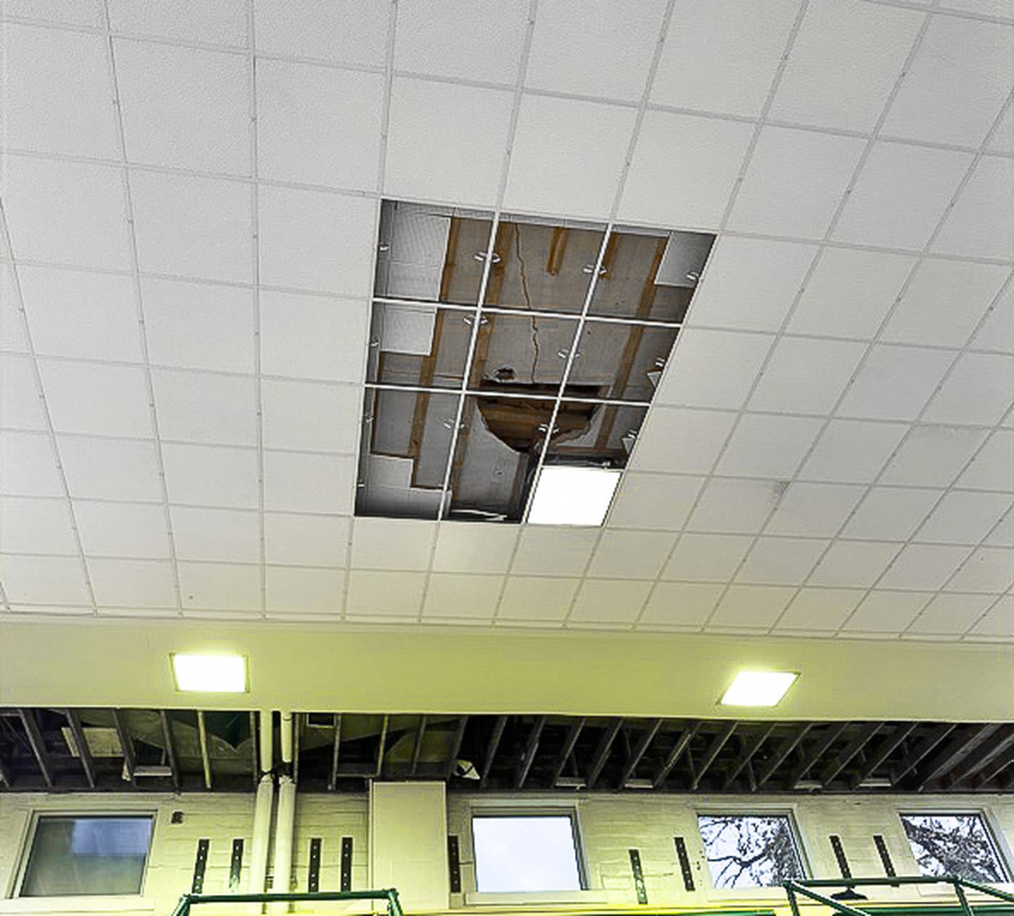 The crack in the roof of the north gym at Coal City Intermediate School.