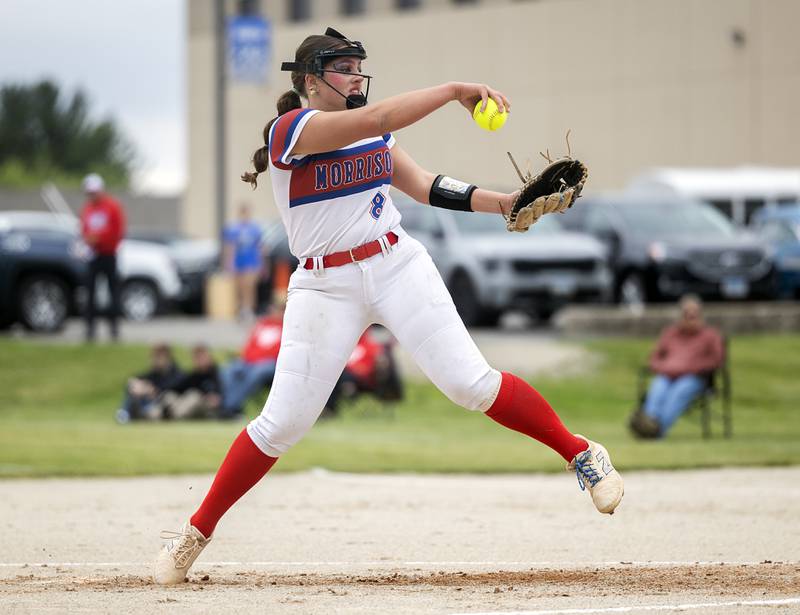Morrison’s Ava Duncan fires a pitch against West Carroll Tuesday, May 19, 2026, at the Class 1A softball regionals at Newman.