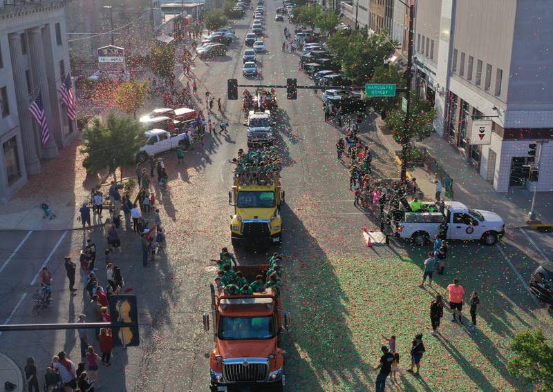 Confetti falls during the L-P Homecoming parade on Thursday, Oct. 5, 2023 downtown La Salle.