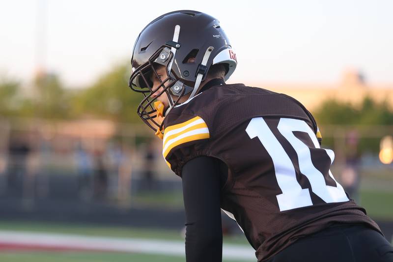 Joliet Catholic’s Chris Hromek lines up at wide out at the IHSA Southwest Suburb Showcase combine on Thursday, May 7, 2026 at Plainfield North High School.