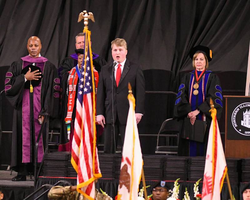 Gunnar Magnuson sings the National Anthem during the Northern Illinois University’s graduation ceremony on Saturday May 9, 2026, held at the Convocation Center in DeKalb.