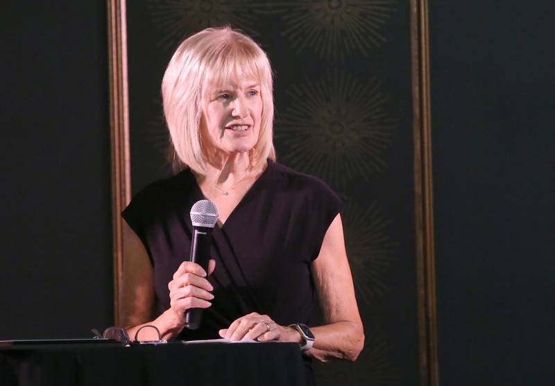 Former Princeton volleyball coach Rita Placek speaks during the 2025 Shaw Media Illinois Valley Sports Hall of Fame at the Auditorium Ballroom in La Salle.