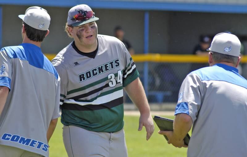 Rock Falls player Hunter Gale congradulates Newman payers following the 2A Regional baseball game at Larry Ybarra field at Newman High School, Saturday, May 18th 2024.