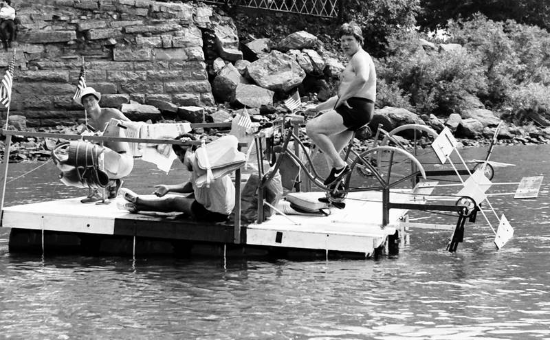 The Anything That Floats races were held from 1978-1986 each year in Peru. Contestants received a free case of Old Style beer upon entering. The rules were simple. To enter, participants needed to build a raft less than 50 feet in length and each person had to have a life jacket on board whether you wore it or not. A rope had to be attached to the raft for towing. Rafts were made from styrofoam, inter tubes or barrels. A minimum of two paddles were required on the float. Rafts were launched at the Starved Rock Boat Ramp and finished at the Peru boat launch area. Over time, the event grew and got to big and out of control that organizers had to scrap it. This photo was found in the La Salle NewsTribune archives.