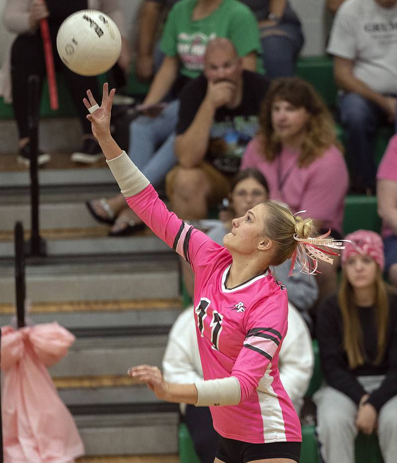 Rock Falls' Jessa Adams plays the ball against North Boone Tuesday, Oct. 14, 2025.