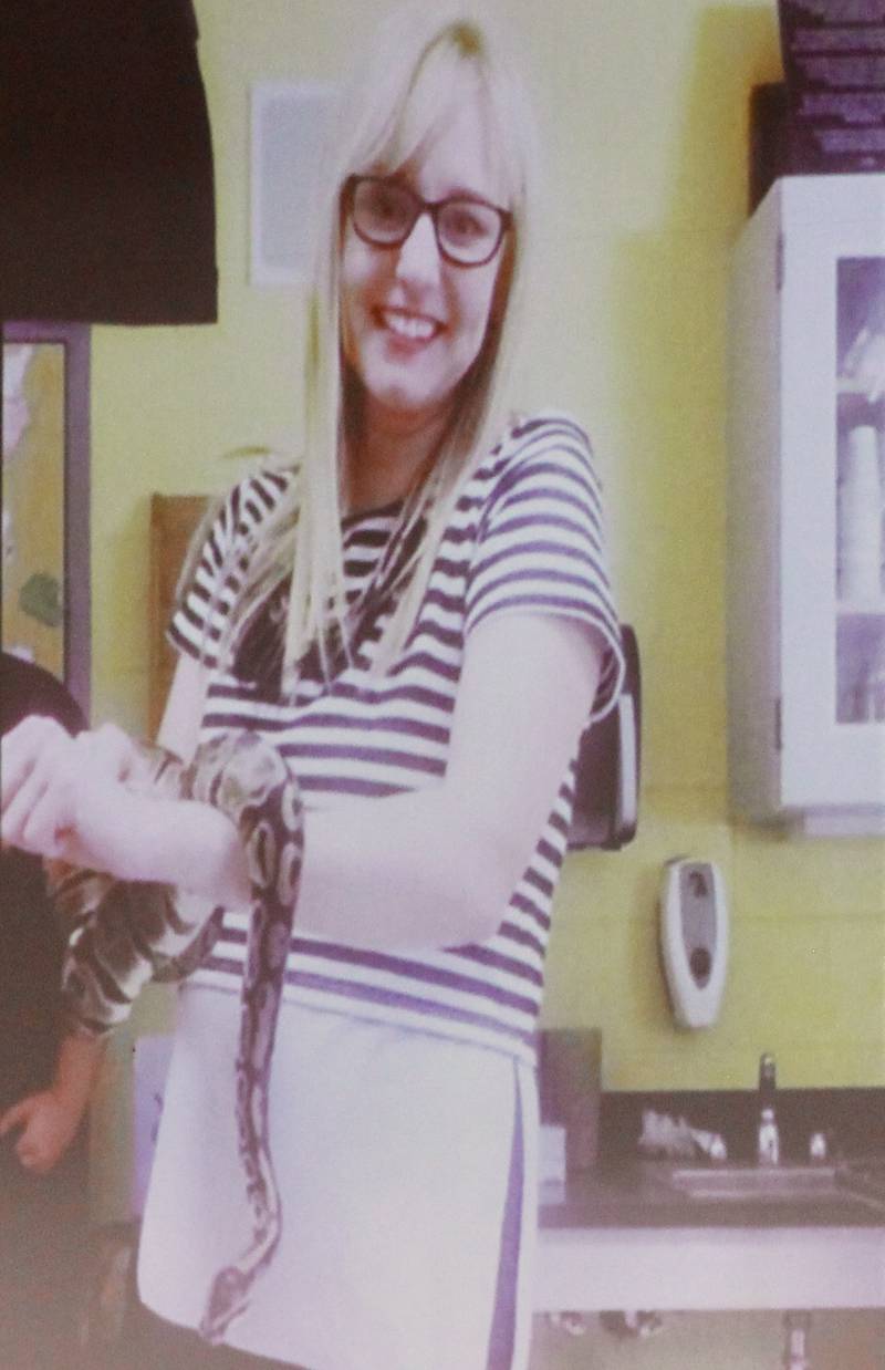 Lindsey Jensen, then an English teacher at Dwight High School, shares the story of Josh and his snake to illustrate opportunities to adapt and grow during her address to the Pathways Education Symposium on Friday, April 21, 2023, at Sauk Valley Community College.