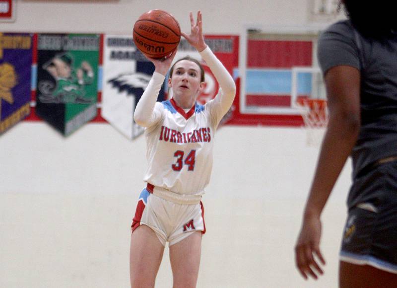 Marian Central’s Juliette Huff takes an outside shot against Rockford Guilford in varsity girls basketball Saturday at Landers Pavilion on the campus of Marian Central High School in Woodstock.