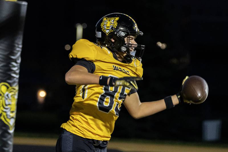Joliet West's Zachary Nichtula scores a touchdown during a varsity football game against Joliet Central at Joliet West on Oct. 24, 2025.