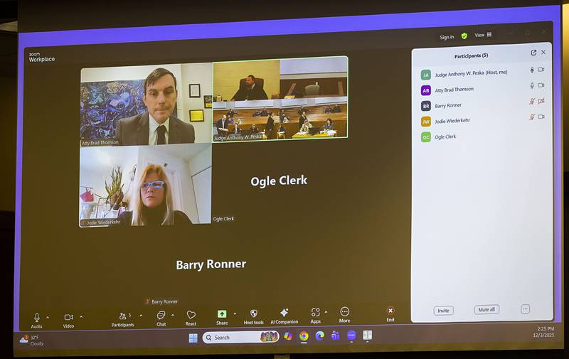 Jodi Wiederkehr appears with her attorney Brad Thomson via Zoom Wednesday, Dec. 3, 2025, in Ogle County Court.