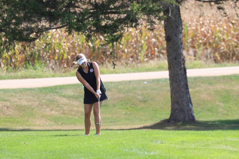 Iroquois West's Kaia Kimmel chips onto the green during the IHSA Class 1A Dwight Regional at the Dwight Country Club on Tuesday, Sept. 30, 2025. Kimmel finished in second place overall with a score of 86 to help the Raiders team earn second place.