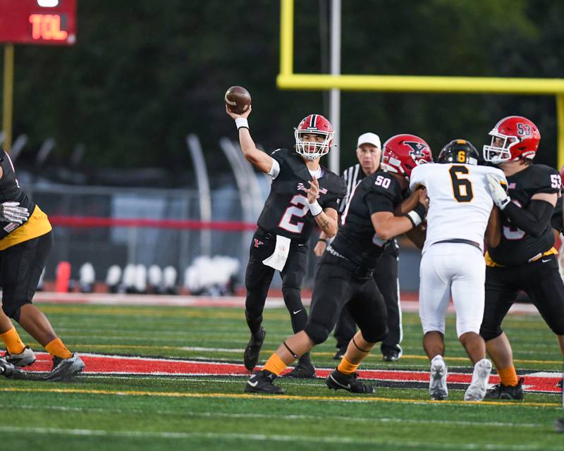 Yorkville's Jack Beetham (2) throws for a pass during the game on Friday Sept. 5, 2025, while taking on Joliet West held at Yorkville High School.