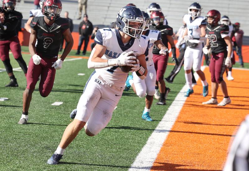 Nazareth's Zach Hayes gets outside of the 
Peoria defense for a touchdown during their IHSA Class 5A state championship game Saturday, Nov. 26, 2022, in Memorial Stadium at the University of Illinois in Champaign.