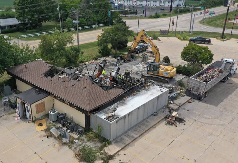An aerial view of the demolition of Cindy's on 39 restaurant (formally Delaney's) on Tuesday, Aug. 29, 2023 in Oglesby. A fire destroyed the restaurant in April.  Otterbach Demolition in Mendota are removing debris from the establishment