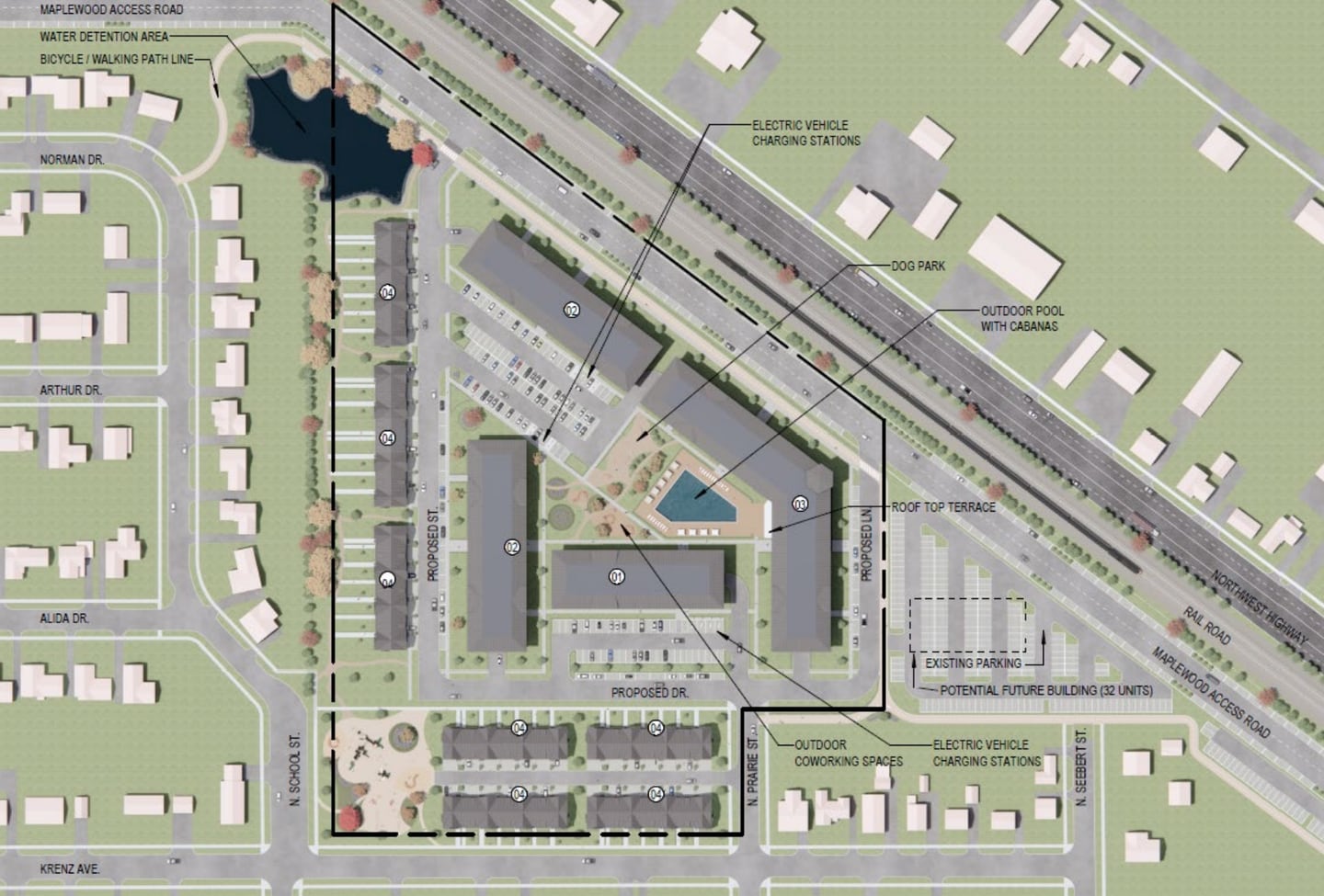 A map shows the Cordogan Clark and Associates proposal for five-story apartment blocks with about 200 units oriented by Route 14 and surrounded by three-story buildings of 50 townhomes. The Cary Village Board selected Cordogan Clark as the developer for the site on Jan. 21, 2025.