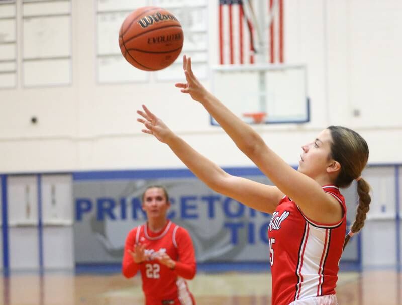 Hall's Bella Orozco fires a wide-open shot against Illinois Valley Central during the Princeton Holiday Girls Basketball Tournament on Tuesday, Nov. 19, 2024 at Princeton High School.