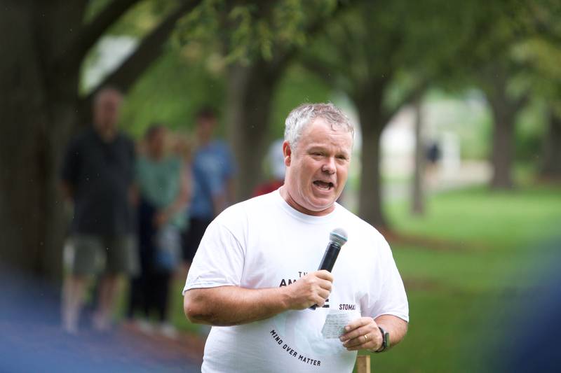 Clint Hull speaks at The Amazing Race Hardy Strong at Mt. St. Mary Park in St. Charles on Saturday, August 5, 2023