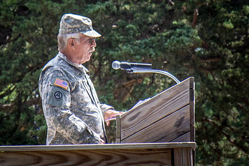 Keynote speaker retired Colonel Charlie Thomas Sr. delivers his speech at Oakwood cemetery on Memorial Day Monday, May 29, 2023.