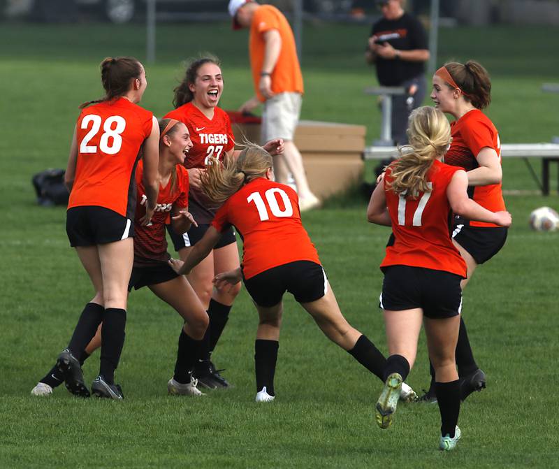 Crystal Lake Central players celebrate a goal in the second half of a Fox Valley Conference soccer match Tuesday, May 10, 2022, between Crystal Lake Central and Prairie Ridge at Crystal Lake Central High School.