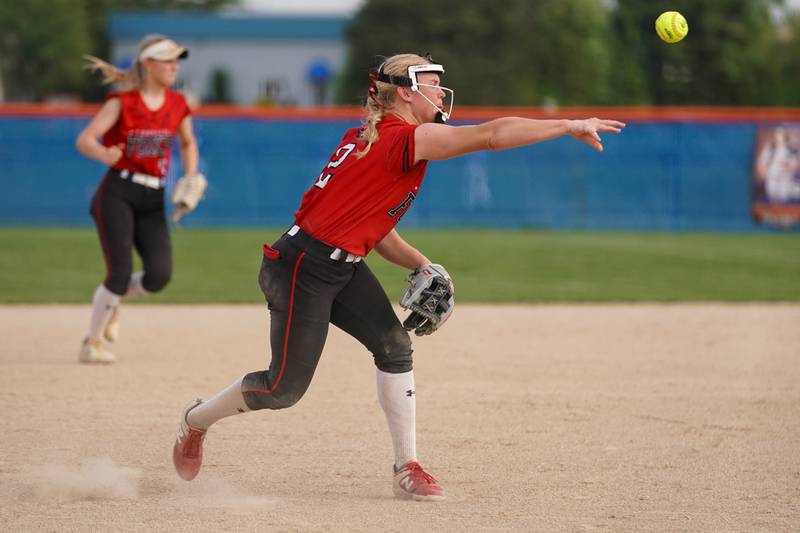Yorkville's Brooke Ekwinski fields a grounder and throws to first for an out against Oswego during a softball game at Oswego High School on Thursday, May 15, 2025.