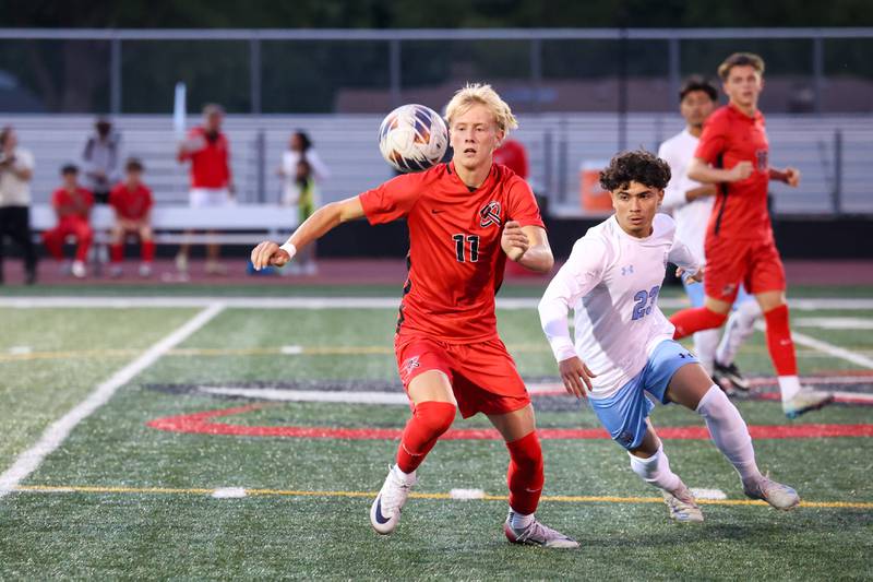 Bradley-Bourbonnais' Cade Hill evades Kankakee's Dylan Tapia Ayala during the Boilermakers' 1-0 victory over Kankakee in the All-City matchup on Tuesday, Sept. 9, 2025.