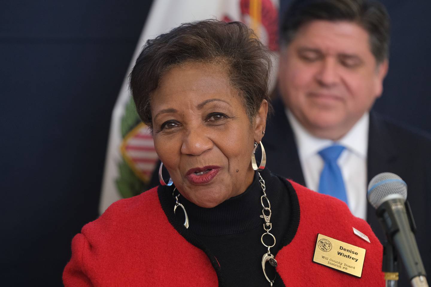 Will County board member Denise Winfrey speaks at a press conference to talk about the Infrastructure Bill at the Joliet Gateway Center Bus Station ribbon cutting ceremony. Wednesday, May 4, 2022, in Joliet.